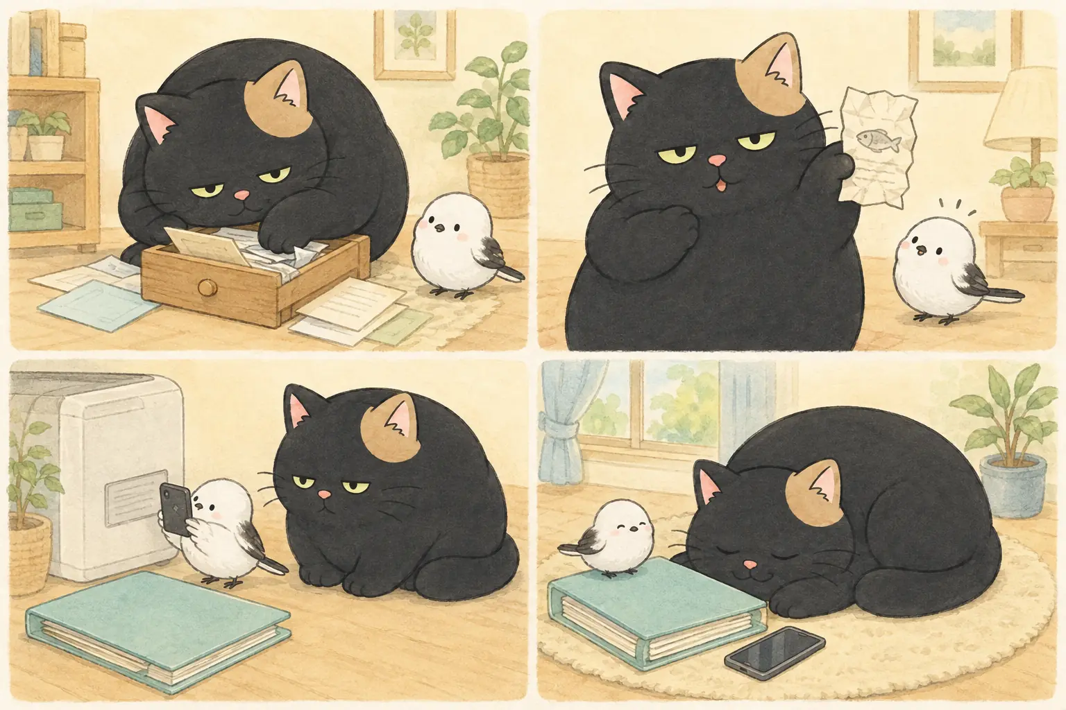 猫が保証書を探し、小さな鳥と書類を写真で残す四コマのイラスト